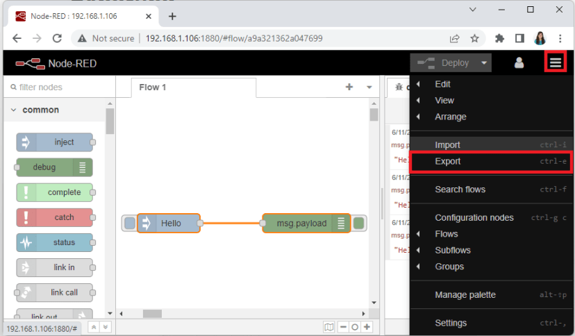 Экспорт узлов Node-RED