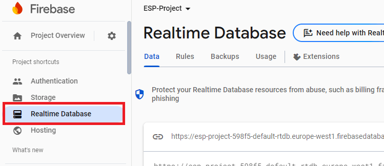 Меню Firebase Realtime Database