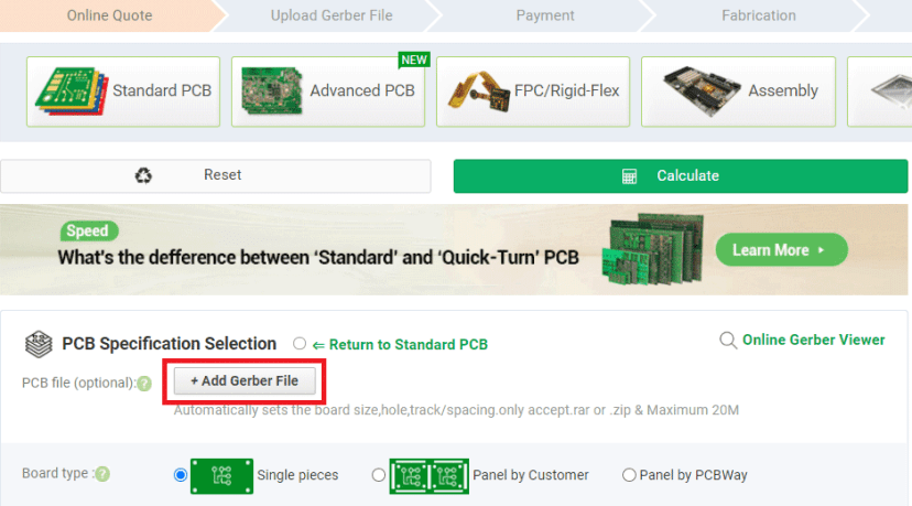 PCBWay Order PCB add gerber file button