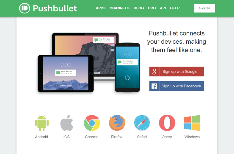 Главная страница Pushbullet