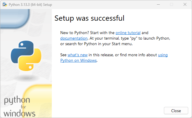 Успешная установка Python