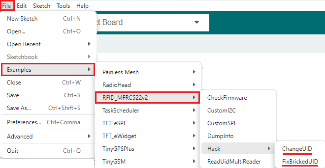 Примеры библиотеки RFID MFRC522v2 в Arduino IDE
