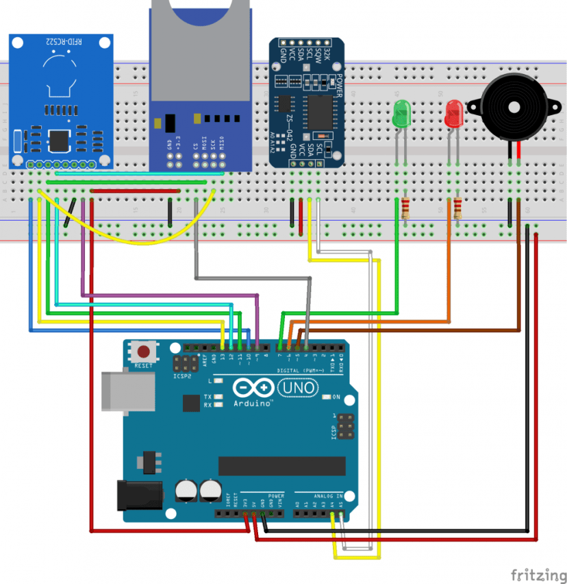 Схема подключения системы учета рабочего времени с RFID на Arduino