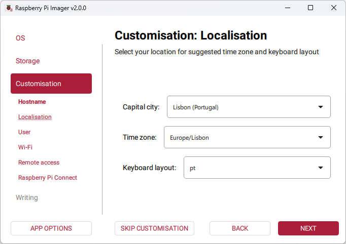 Raspberry Pi Imager - настройка локализации, часового пояса и раскладки клавиатуры