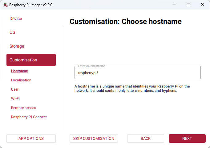 Raspberry Pi Imager - настройка имени хоста