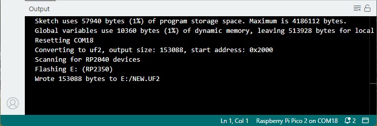 Успешная загрузка кода на Raspberry Pi Pico 2 через Arduino IDE
