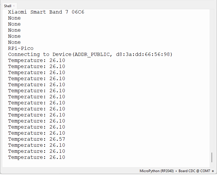 RPi Pico как BLE-клиент -- чтение BLE-характеристики и отображение в консоли Thonny IDE