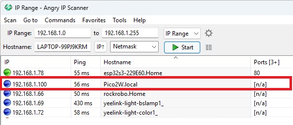Raspberry Pi Pico со статическим IP-адресом в Angry IP Scanner
