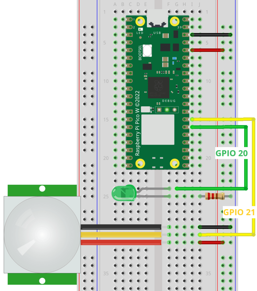 Схема подключения PIR-датчика и светодиода к RPi Pico