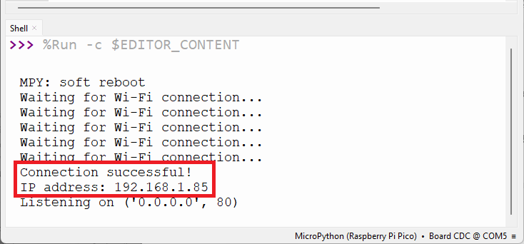 RPi Pico успешно подключается к сети Wi-Fi и выводит свой IP-адрес
