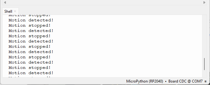 RPi Pico — тестирование PIR-датчика движения — Shell Thonny IDE