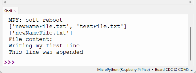 RPi Pico Thonny IDE - файловые операции - результаты в Thonny IDE
