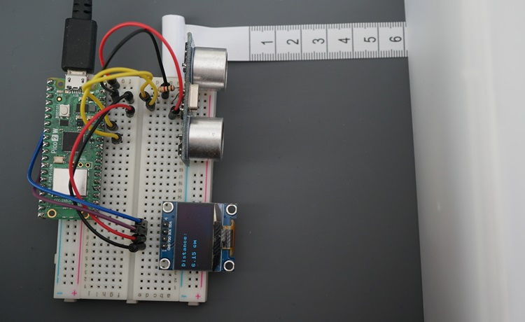 MicroPython Raspberry Pi Pico с ультразвуковым датчиком HC-SR04 и OLED-дисплеем