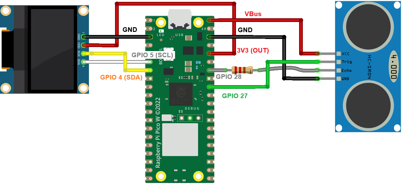 Raspberry Pi Pico с ультразвуковым датчиком и OLED-дисплеем - схема подключения