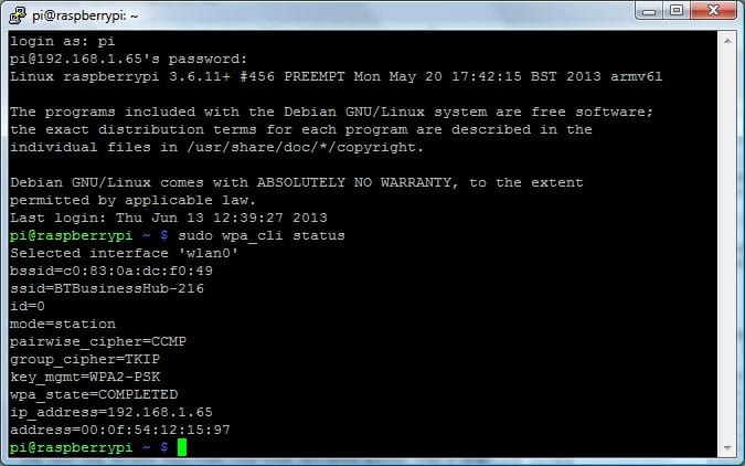 Вывод команды wpa_cli status с IP-адресом