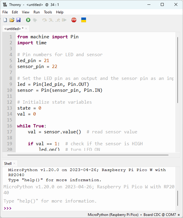 Raspberry Pi Pico RCWL-0516 микроволновый радарный датчик приближения — демонстрация в Thonny IDE