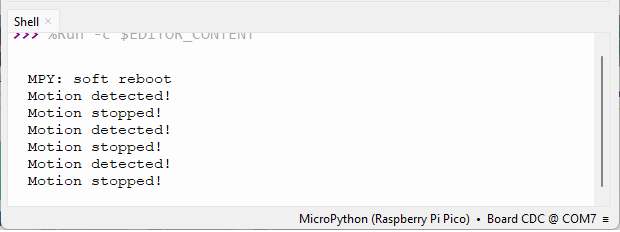 Raspberry Pi Pico RCWL-0516 — тестирование в Thonny IDE, серийный монитор