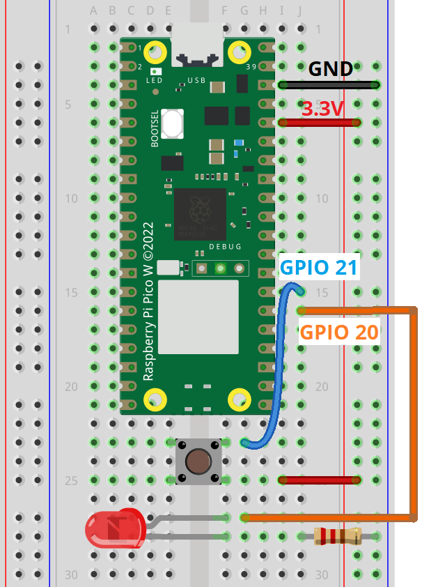Raspberry Pi Pico - схема подключения кнопки и светодиода