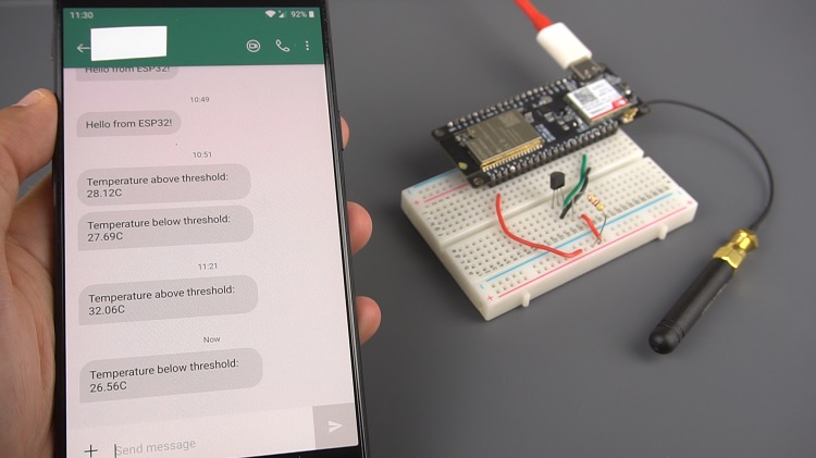 Receive Temperature Below Threshold SMS from T-Call ESP32 SIM800L Board