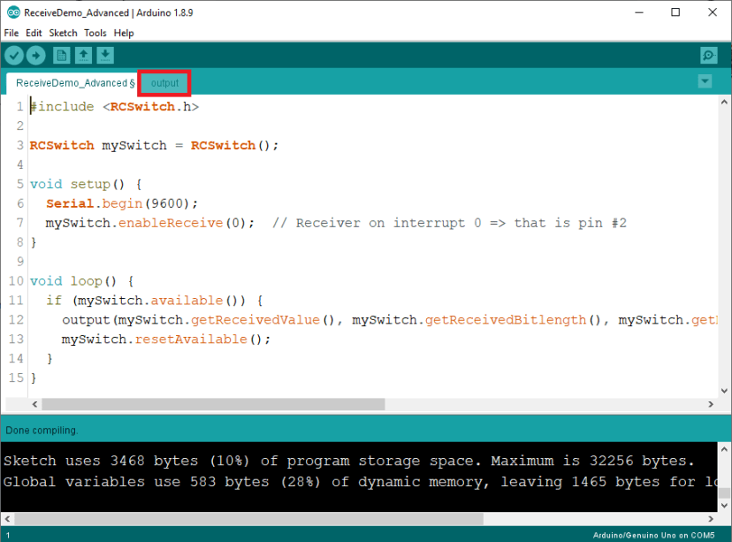 Скетч ReceiveDemo Advanced библиотеки RC Switch в Arduino IDE
