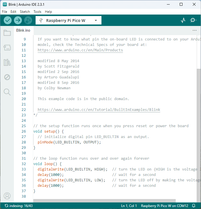 Программирование Raspberry Pi Pico с помощью Arduino IDE — скетч Blink LED