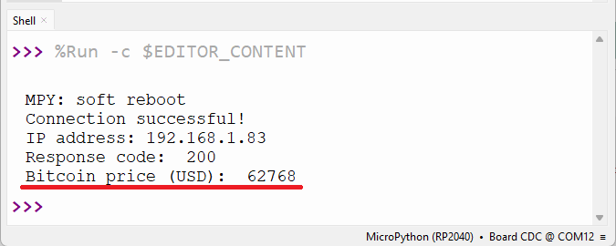 Raspberry Pi Pico MicroPython HTTP GET-запрос — курс биткоина