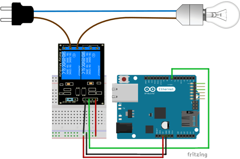 Схема подключения Arduino Ethernet Shield с модулем реле