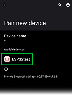 Выберите ESP32test из всех обнаруженных устройств