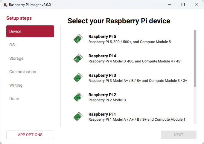 Raspberry Pi Imager - выбор платы