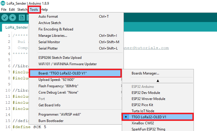 Выбор TTGO LoRa32 OLED V1 в Arduino IDE