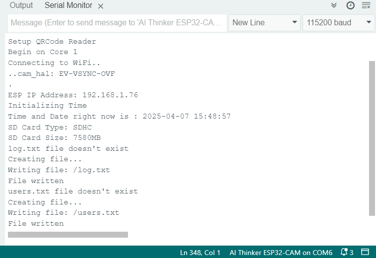 ESP32-CAM QR Code Reader Web Server — демонстрация Serial Monitor