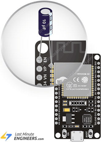 Припаивание конденсатора 10 мкФ к выводу EN на ESP32