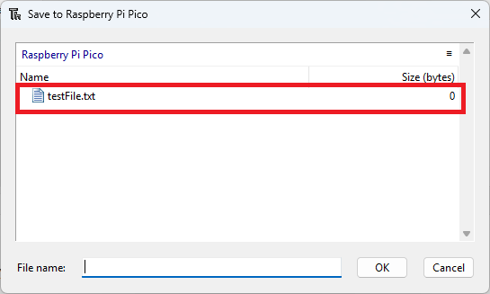 Тестовый файл создан и сохранен в файловой системе RPi Pico