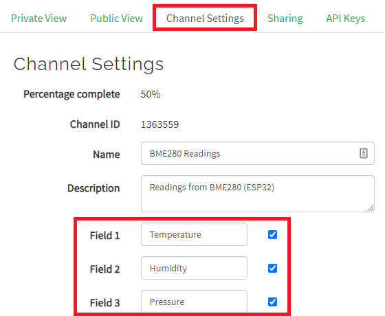 ThingSpeak добавление новых полей в настройках канала