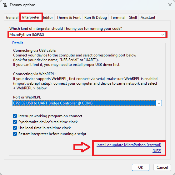 Thonny IDE Интерпретатор — Установка или обновление прошивки
