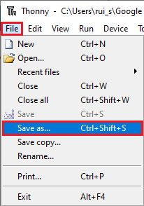 Thonny IDE MicroPython — Сохранить файл — Save as