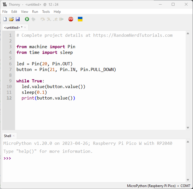 Thonny IDE - файл с кодом цифровых входов и выходов MicroPython Raspberry Pi Pico