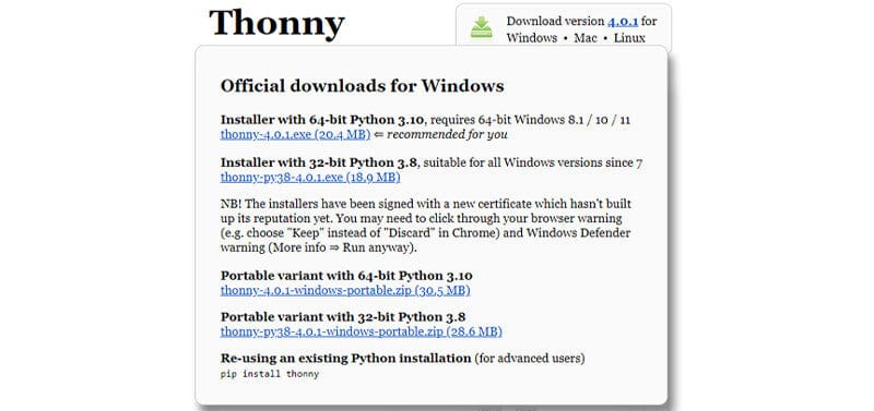 Варианты загрузки Thonny при наведении