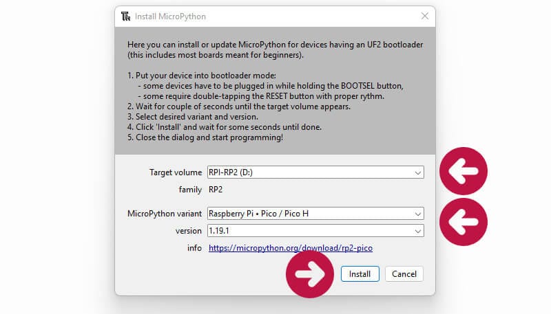 Параметры установки MicroPython в Thonny
