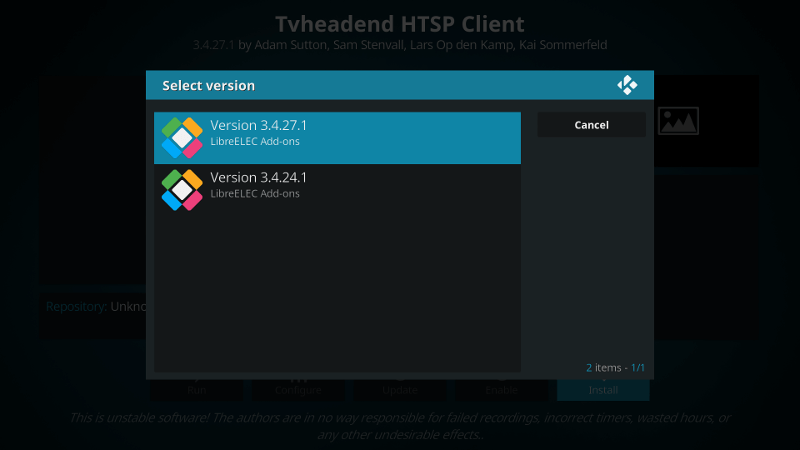 Выбор версии Tvheadend HTSP