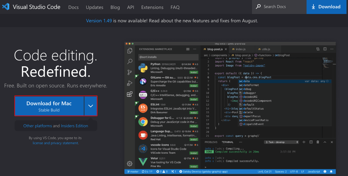 Страница загрузки Microsoft Visual Studio Code для Mac OS X
