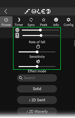 Чувствительность, яркость и скорость затухания эффекта в приложении WLED
