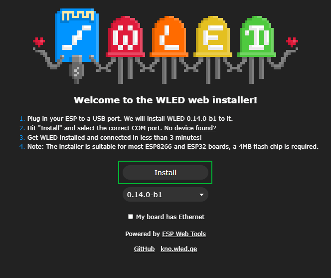 Страница установки WLED