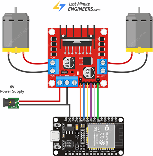Схема подключения модуля L298N с DC TT-двигателями и ESP32