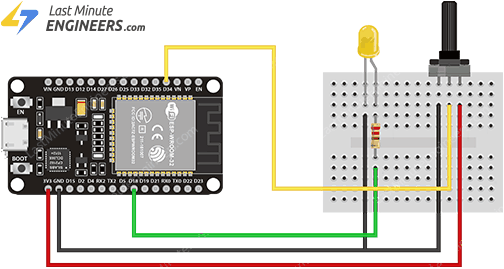 Подключение светодиода к ESP32 для управления ШИМ с помощью потенциометра