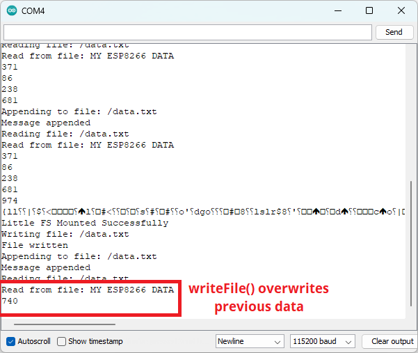 ESP8266 сохранение данных в файл LittleFS пример монитор последовательного порта перезапись