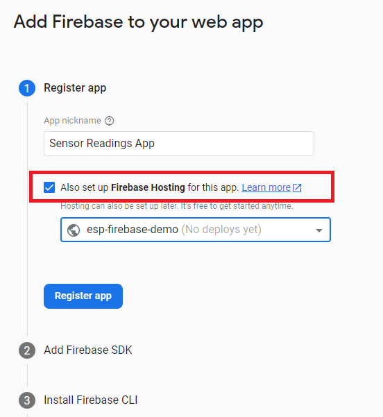 Firebase добавление веб-приложения в проект с Hosting