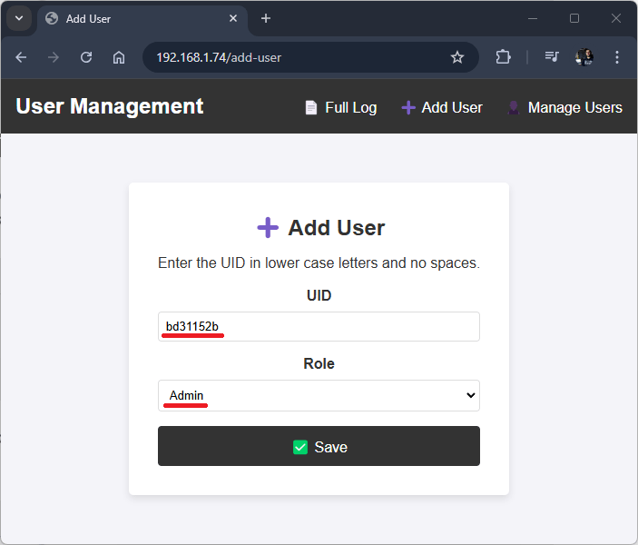 ESP32 RFID система управления пользователями веб-сервер добавление нового пользователя с ролью
