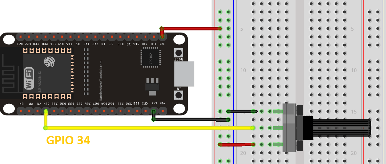 Схема подключения потенциометра к ESP32 для аналогового чтения с MicroPython