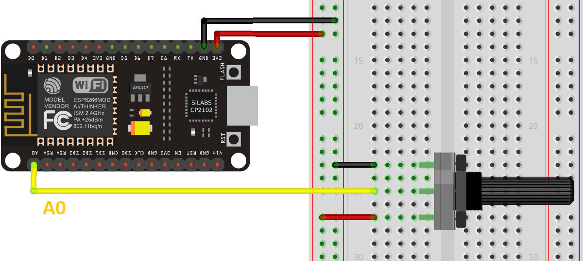Схема подключения потенциометра к ESP8266 для аналогового чтения с MicroPython